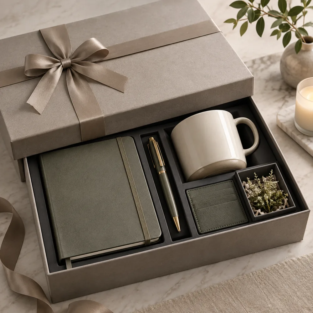 Curated Gorben welcome gift box with notebook, mug, pen and accessories